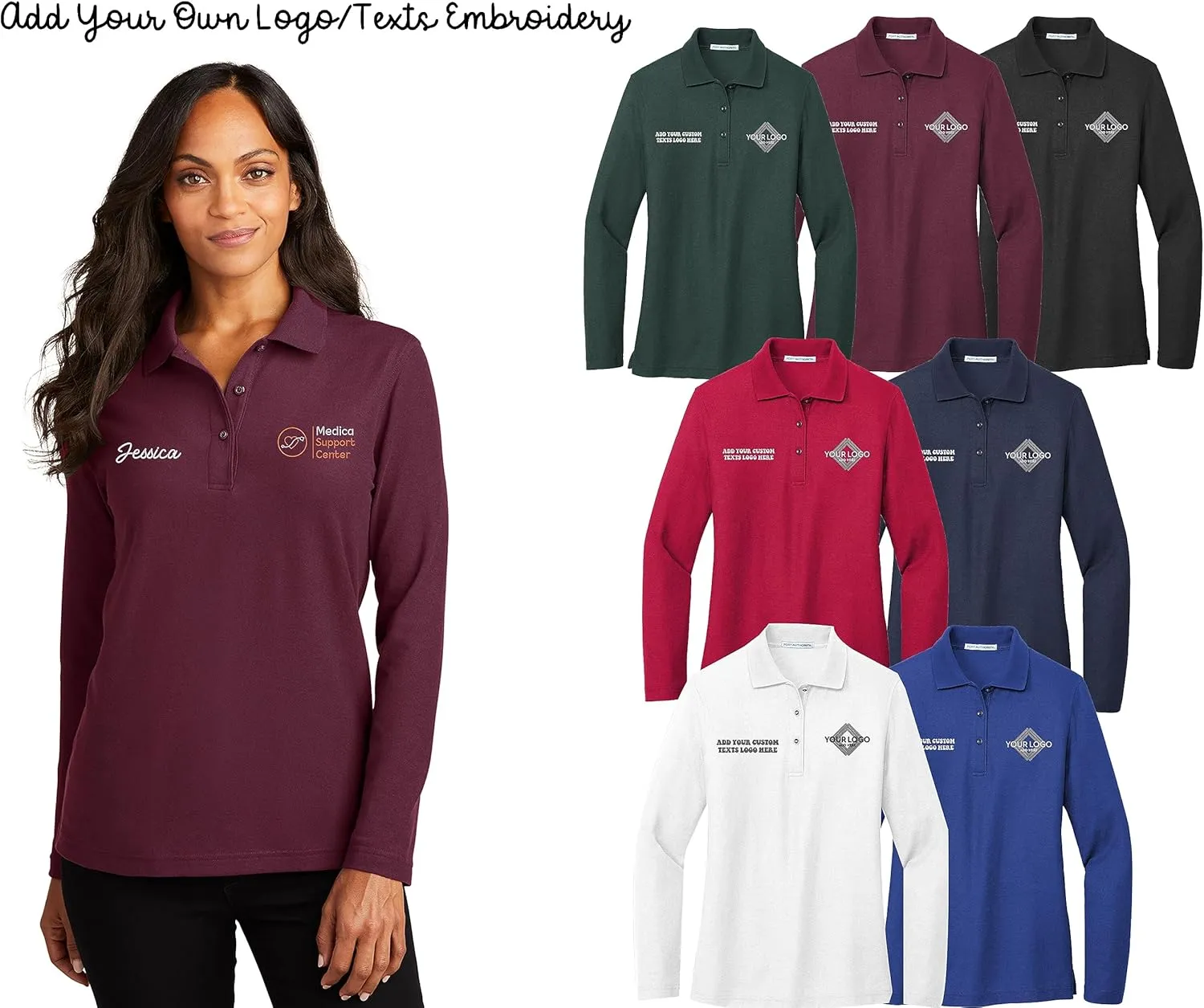 INK STITCH Women L500ls Custom Add Your Logo Texts Embroidery Silk Touch Long Sleeve Polo Shirts