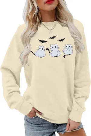 JINTING Women Halloween Funny Cat Sweatshirt Ghost Graphic Long Sleeve Shirts Spooky Season Fall Pullover Tops