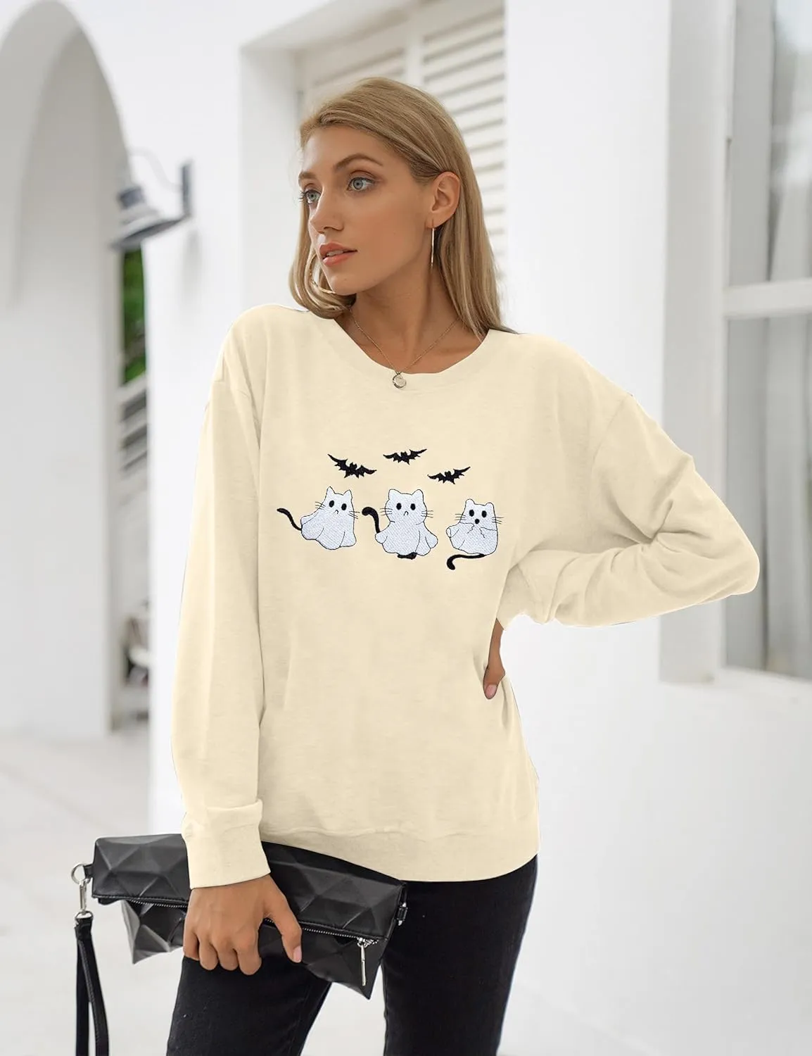 JINTING Women Halloween Funny Cat Sweatshirt Ghost Graphic Long Sleeve Shirts Spooky Season Fall Pullover Tops