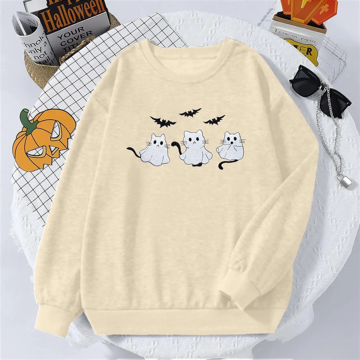 JINTING Women Halloween Funny Cat Sweatshirt Ghost Graphic Long Sleeve Shirts Spooky Season Fall Pullover Tops