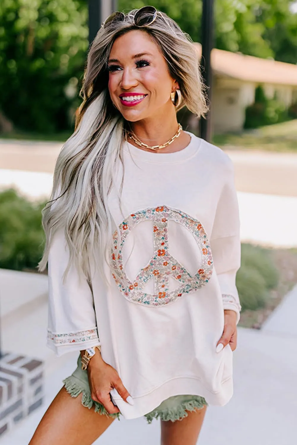 KevaMolly Womens Long Sleeve Tops Floral Peace Symbol Drop Shoulder Sweatshirt Crewneck Casual Pullover Top