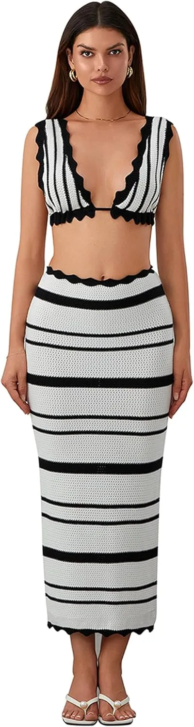 Knit Two Piece Maxi Skirt Sets for Women V Neck Bra Tops with High Waisted Dress Sets Summer Outfits
