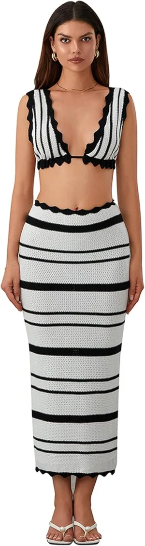 Knit Two Piece Maxi Skirt Sets for Women V Neck Bra Tops with High Waisted Dress Sets Summer Outfits