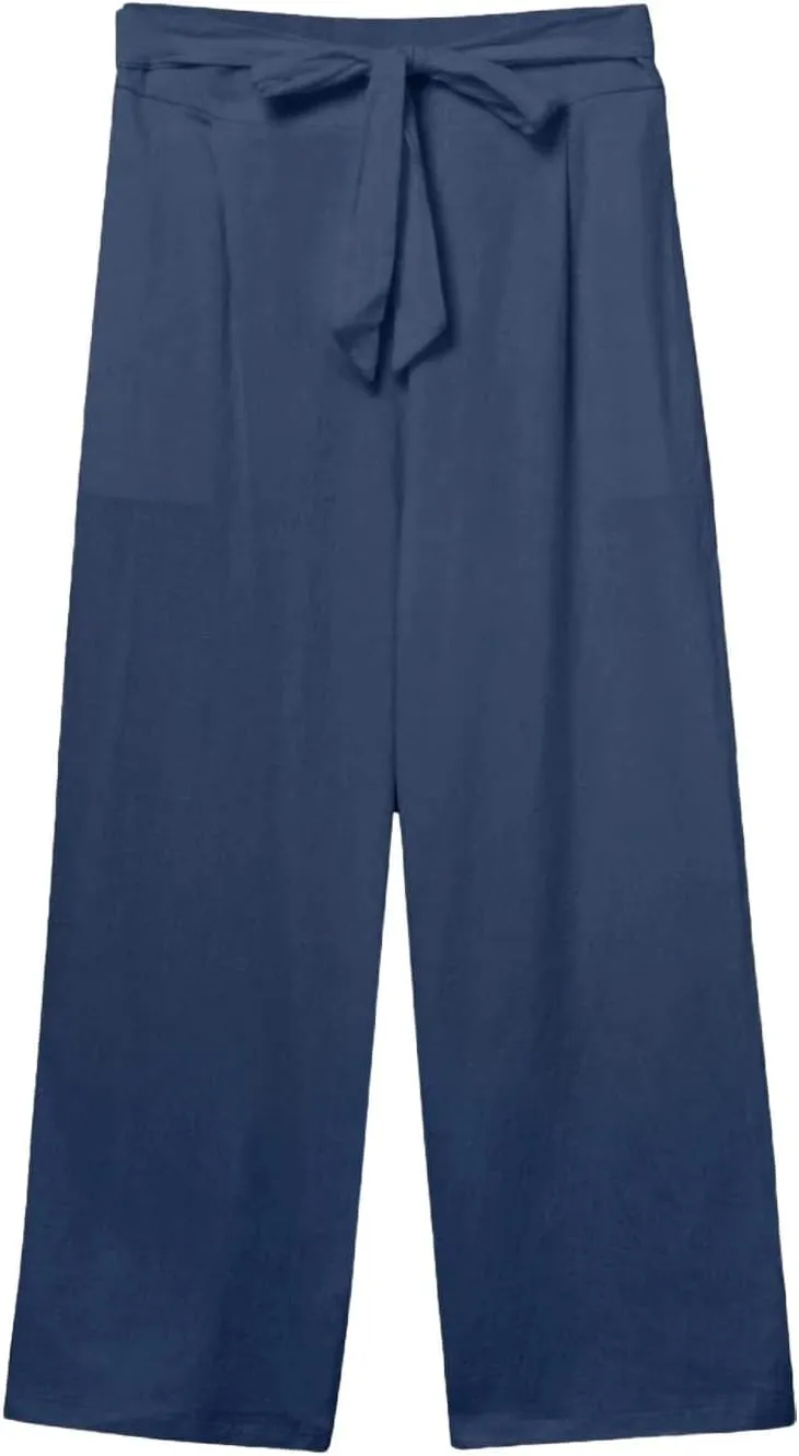 Kubbon Womens Capri Pants Cotton Linen Summer Straight Leg Pants Tie Knot High Waist Pant Cropped Trousers with Pockets