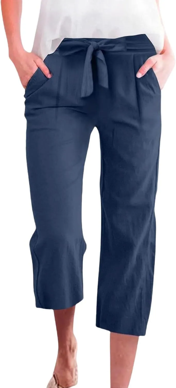 Kubbon Womens Capri Pants Cotton Linen Summer Straight Leg Pants Tie Knot High Waist Pant Cropped Trousers with Pockets