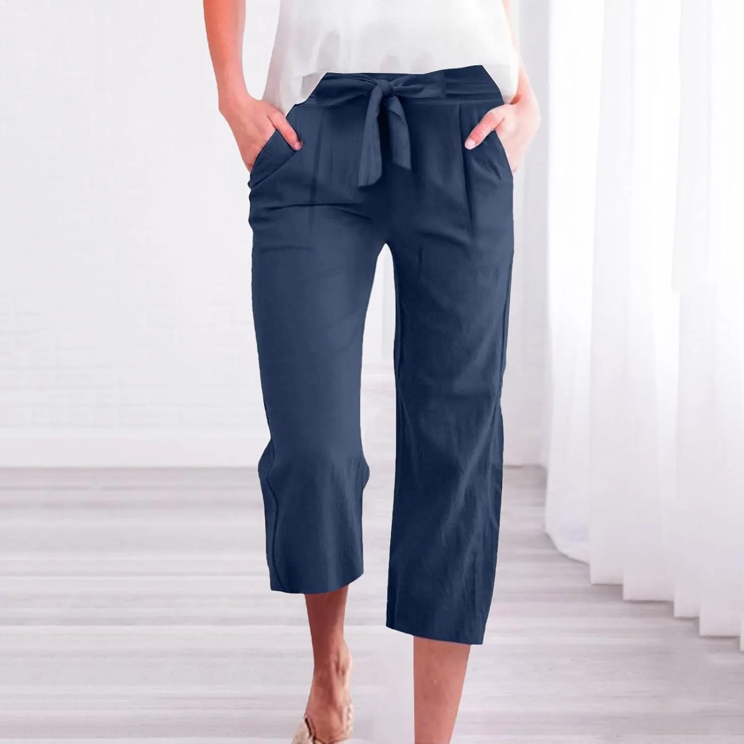 Kubbon Womens Capri Pants Cotton Linen Summer Straight Leg Pants Tie Knot High Waist Pant Cropped Trousers with Pockets