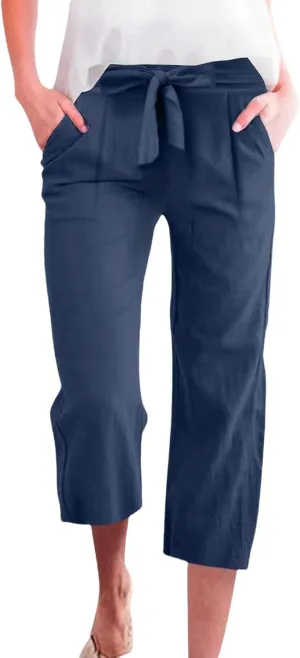 Kubbon Womens Capri Pants Cotton Linen Summer Straight Leg Pants Tie Knot High Waist Pant Cropped Trousers with Pockets