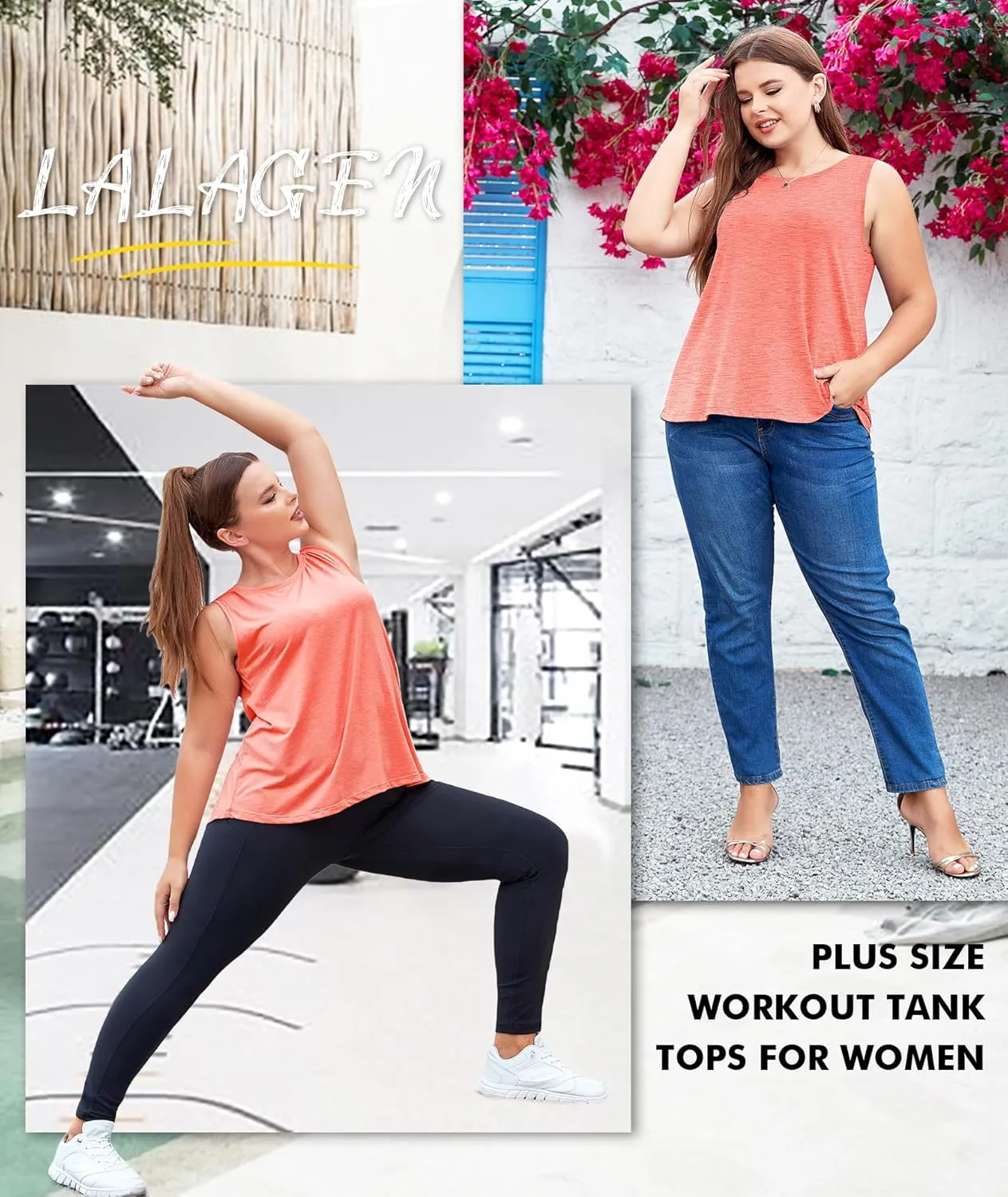 LALAGEN Plus Size Womens Workout Tank Tops Sleeveless Summer Loose Fit Flowy Yoga Athletic Running Shirts