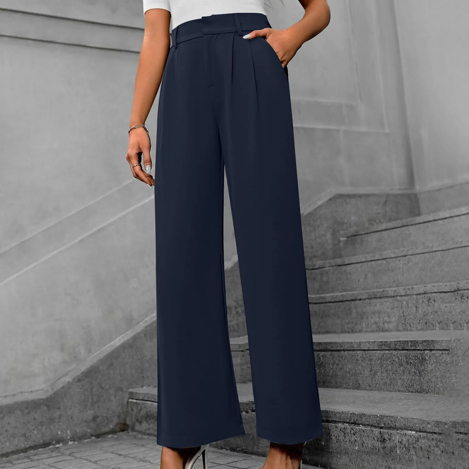 Lastesso Pants for Women Solid Straight Wide Leg Trousers with Pcoekts High Waisted Baggy Business Casual Suit Pants