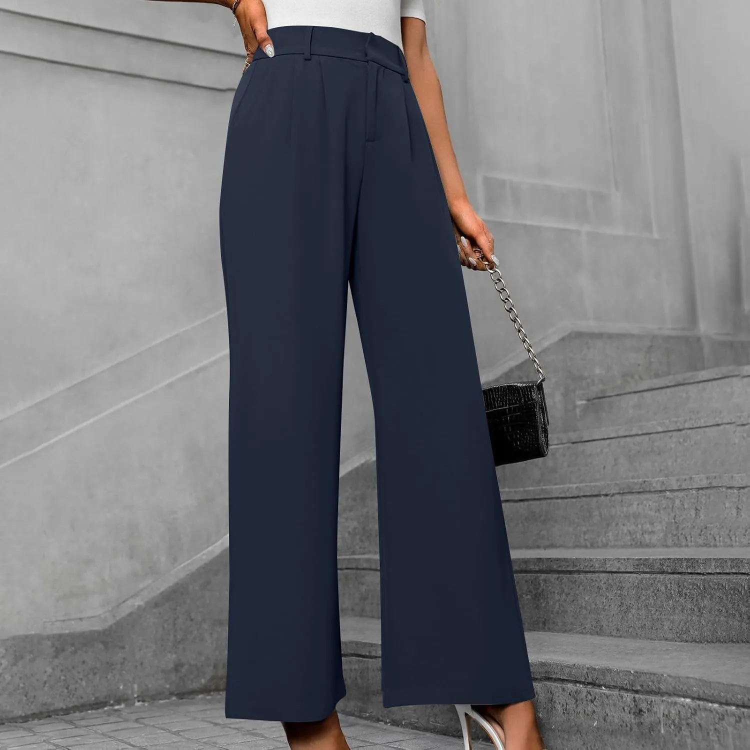 Lastesso Pants for Women Solid Straight Wide Leg Trousers with Pcoekts High Waisted Baggy Business Casual Suit Pants