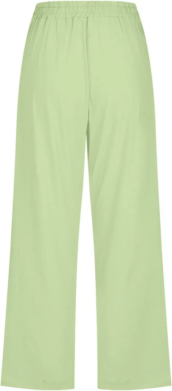 Linen Capri Pants for Women Casual Drawstring High Waisted Wide Leg Trousers Elastic Waist Loose Pants with Pockets