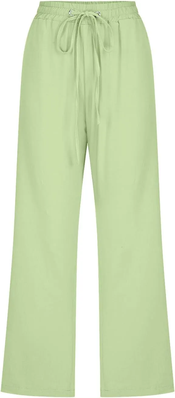 Linen Capri Pants for Women Casual Drawstring High Waisted Wide Leg Trousers Elastic Waist Loose Pants with Pockets