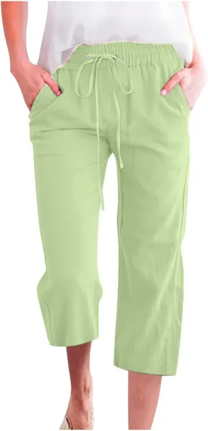 Linen Capri Pants for Women Casual Drawstring High Waisted Wide Leg Trousers Elastic Waist Loose Pants with Pockets