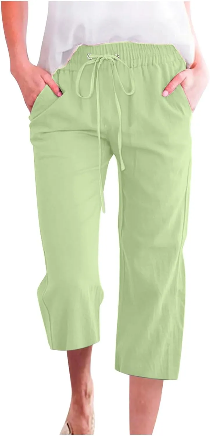 Linen Capri Pants for Women Casual Drawstring High Waisted Wide Leg Trousers Elastic Waist Loose Pants with Pockets
