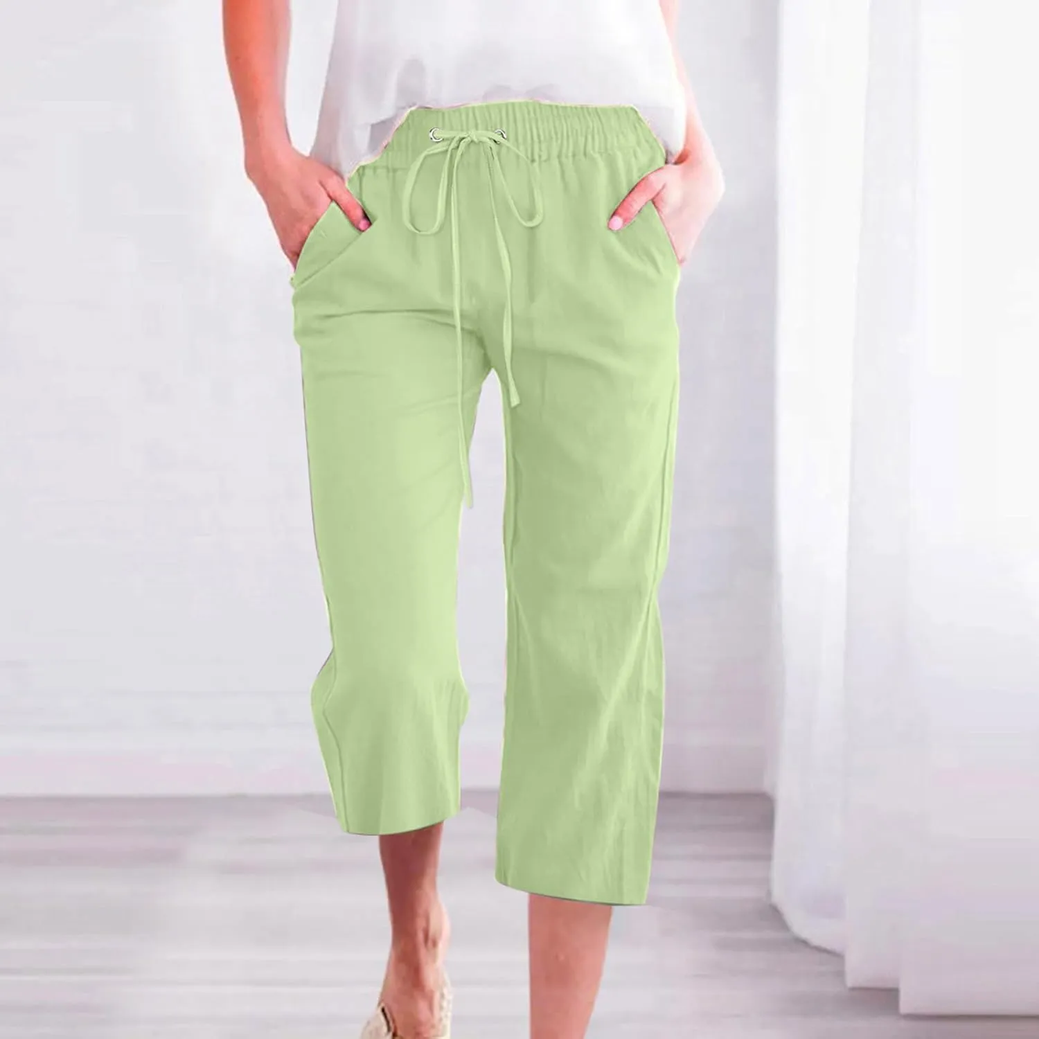 Linen Capri Pants for Women Casual Drawstring High Waisted Wide Leg Trousers Elastic Waist Loose Pants with Pockets