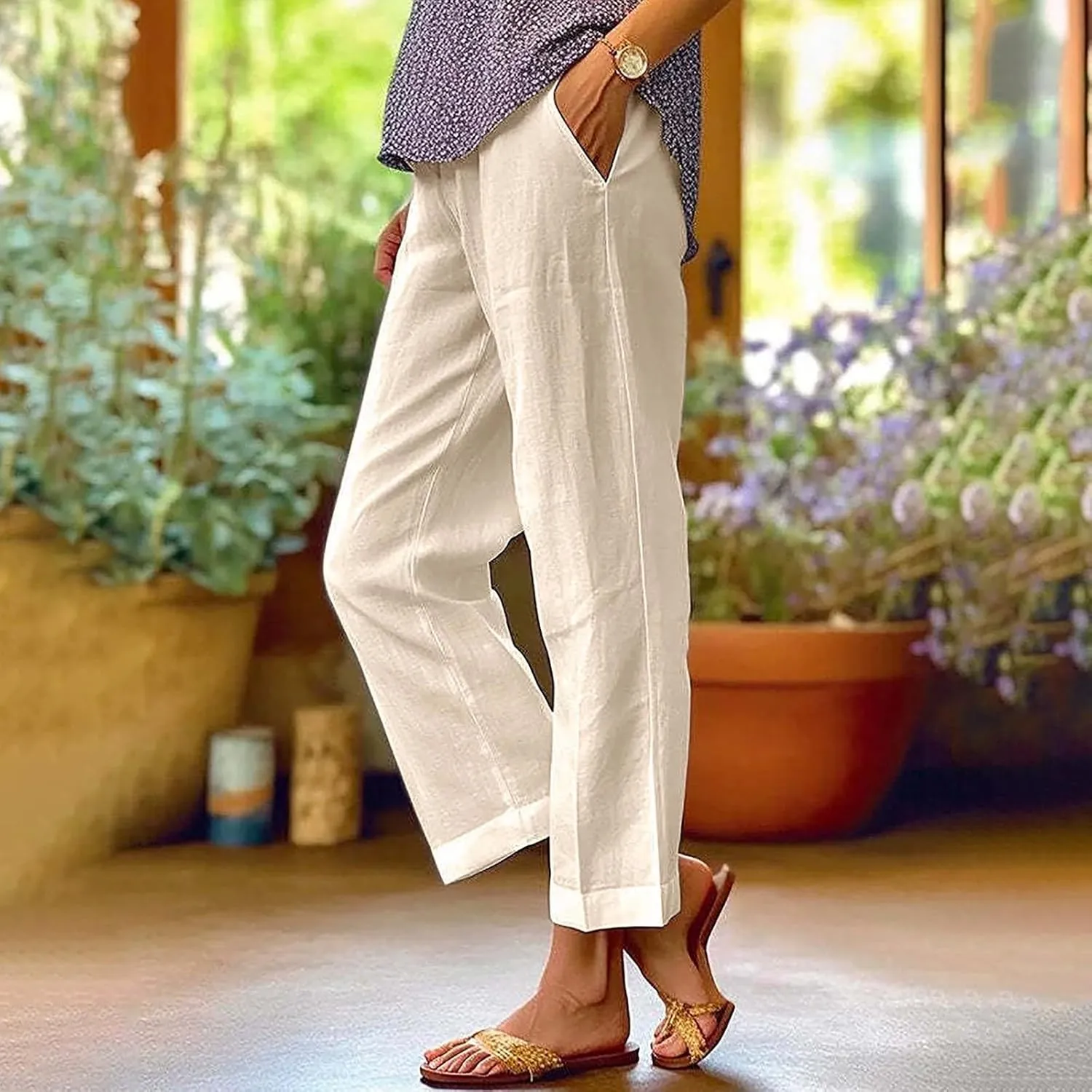 Linen Capri Pants for Women Summer 2025 Wide Leg Loose Drawstring Elastic Waist Cropped Trouser