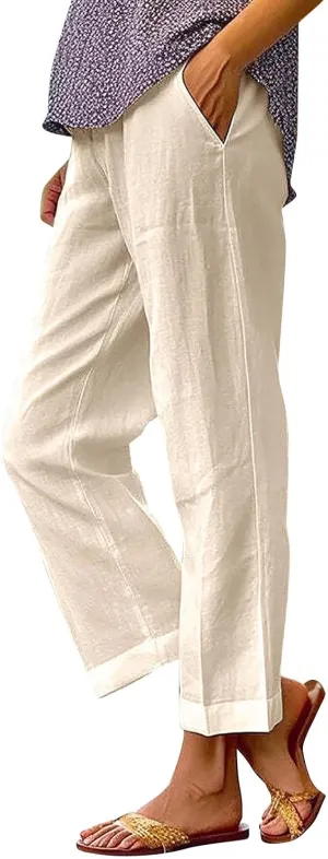 Linen Capri Pants for Women Summer 2025 Wide Leg Loose Drawstring Elastic Waist Cropped Trouser