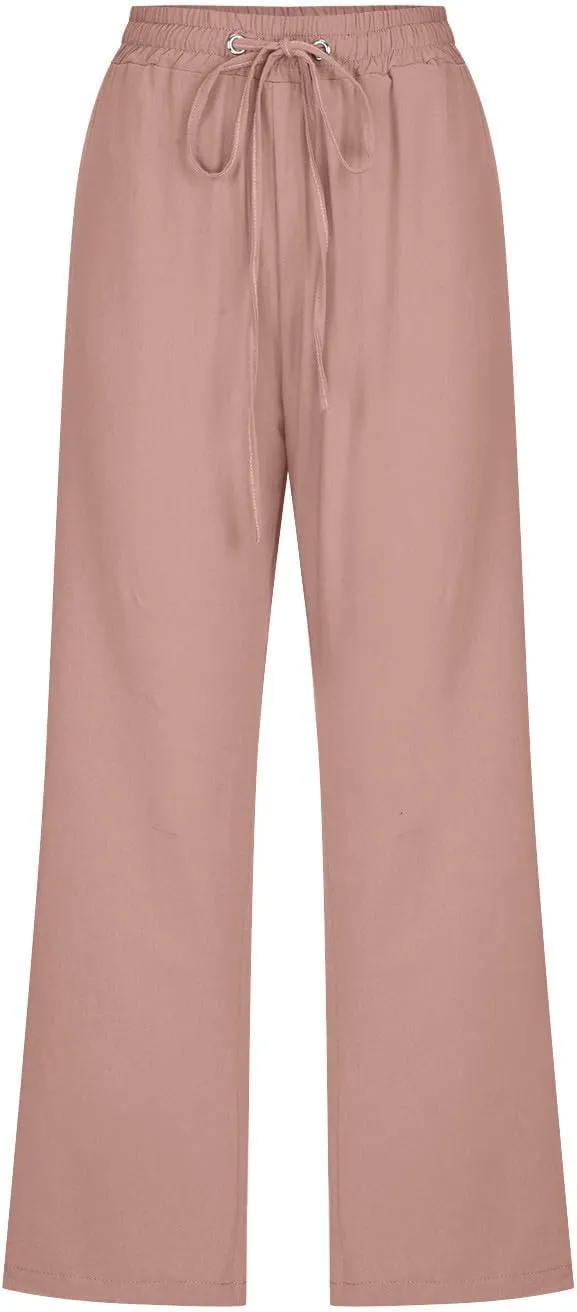 Linen Capris Pants for Women Casual Summer 2025 Wide Leg Loose Drawstring Elastic Waist Cropped Trouser Clothes