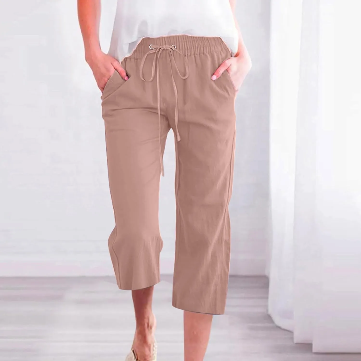 Linen Capris Pants for Women Casual Summer 2025 Wide Leg Loose Drawstring Elastic Waist Cropped Trouser Clothes