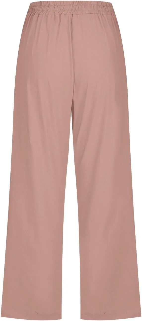 Linen Capris Pants for Women Casual Summer 2025 Wide Leg Loose Drawstring Elastic Waist Cropped Trouser Clothes