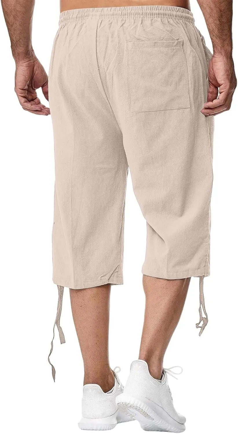 Linen Cropped Pants for Men Summer Lightweight Beach Capris Pants Elastic Waisted Wide Leg Lounge Capri Pant w/Pocket