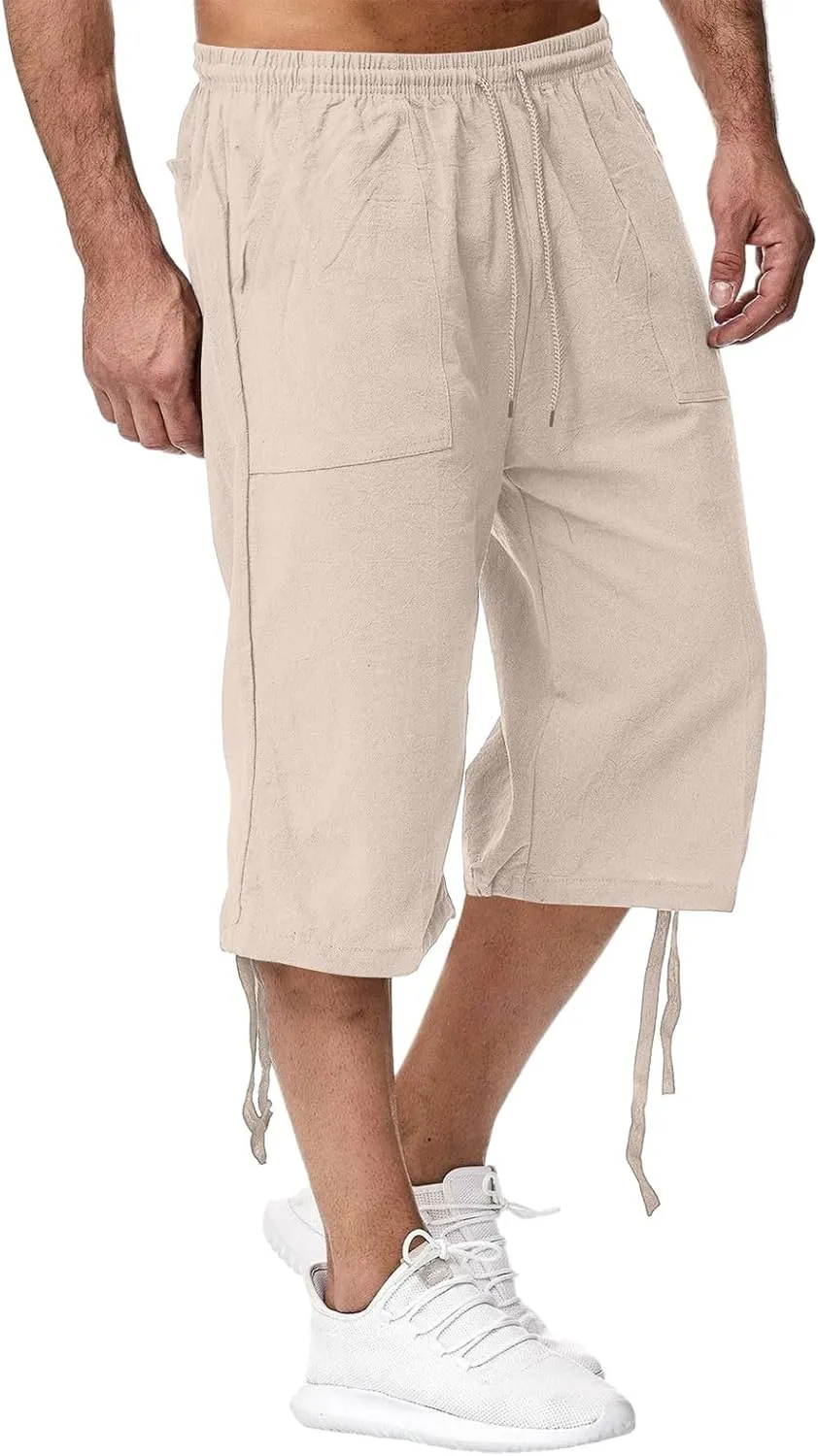 Linen Cropped Pants for Men Summer Lightweight Beach Capris Pants Elastic Waisted Wide Leg Lounge Capri Pant w/Pocket