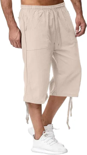 Linen Cropped Pants for Men Summer Lightweight Beach Capris Pants Elastic Waisted Wide Leg Lounge Capri Pant w/Pocket