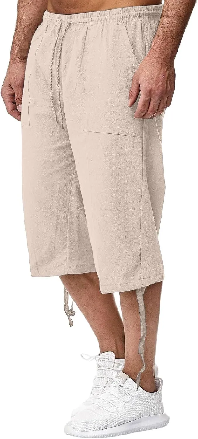 Linen Cropped Pants for Men Summer Lightweight Beach Capris Pants Elastic Waisted Wide Leg Lounge Capri Pant w/Pocket