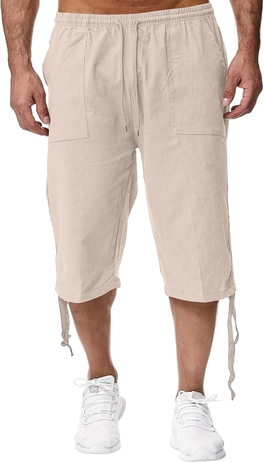 Linen Cropped Pants for Men Summer Lightweight Beach Capris Pants Elastic Waisted Wide Leg Lounge Capri Pant w/Pocket