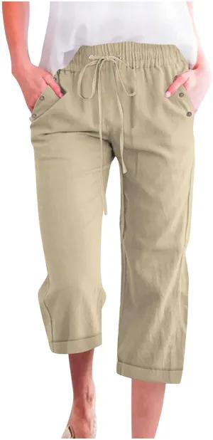 Linen Pants for Women 2025 Summer Casual Tie Knot Elastic High Waist Capri Pants Plus Size Wide Leg Lounge Capris