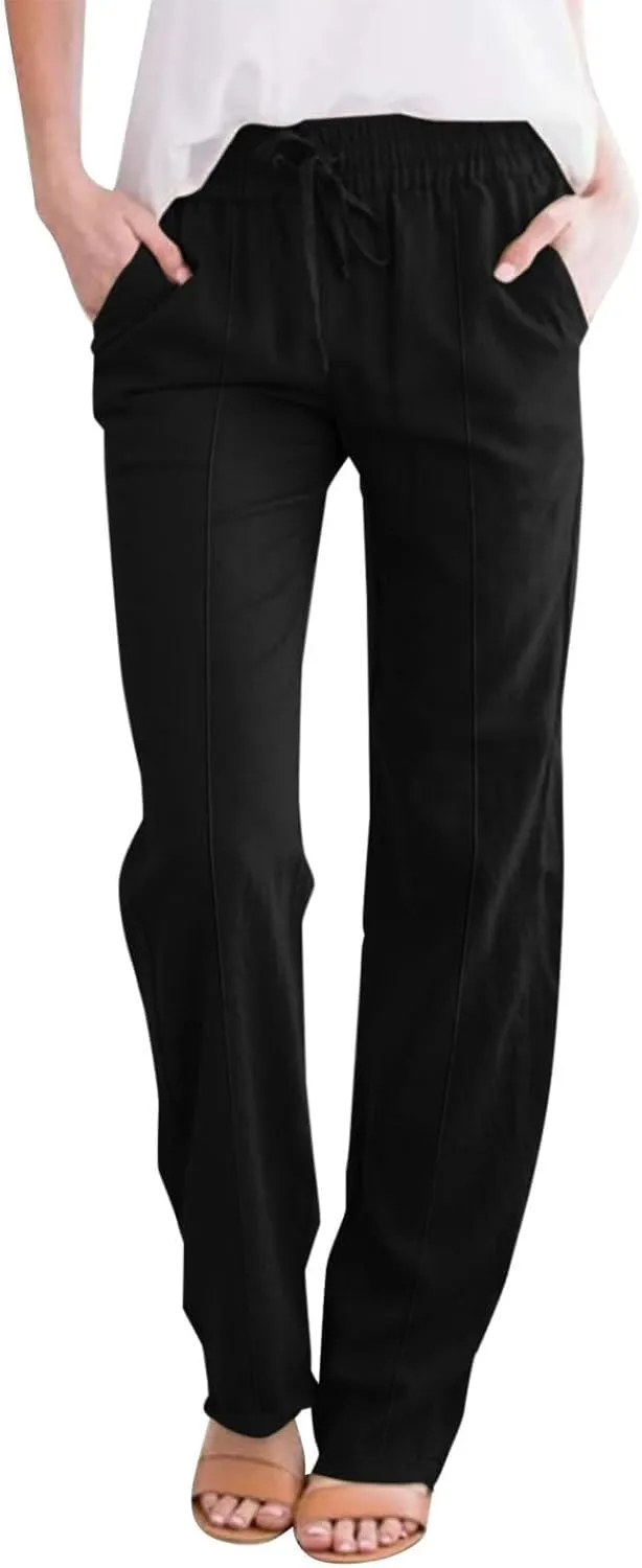 Linen Pants for Women Elastic High Waisted Straight Leg Trousers Pants Loose Casual Summer Dress Pants with Pockets