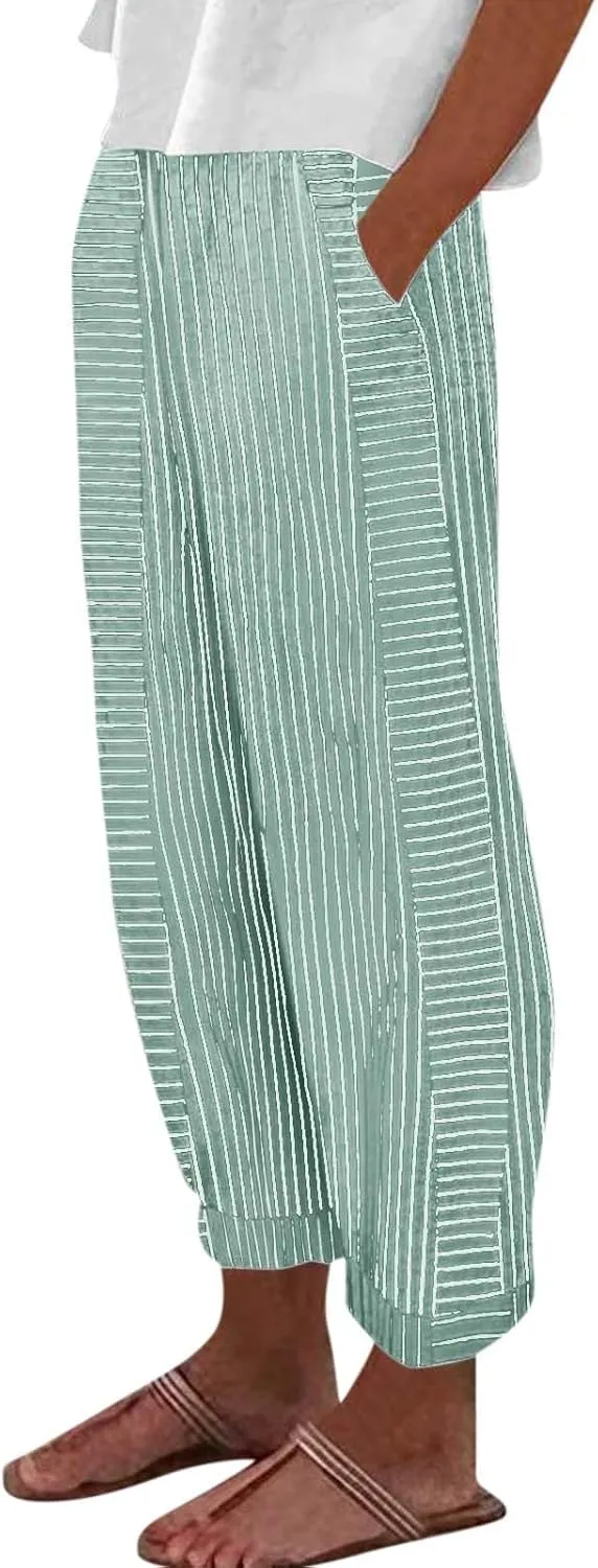 Linen Pants for Women Solid Cropped Side Elastic Waist Capris Straight Leg Summer Beach Casual Trousers with Pockets