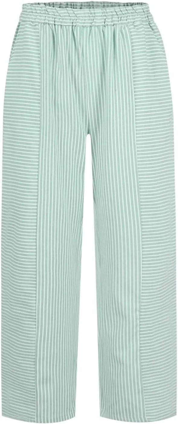 Linen Pants for Women Solid Cropped Side Elastic Waist Capris Straight Leg Summer Beach Casual Trousers with Pockets