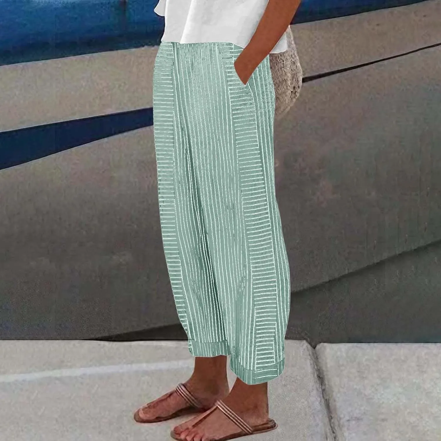 Linen Pants for Women Solid Cropped Side Elastic Waist Capris Straight Leg Summer Beach Casual Trousers with Pockets