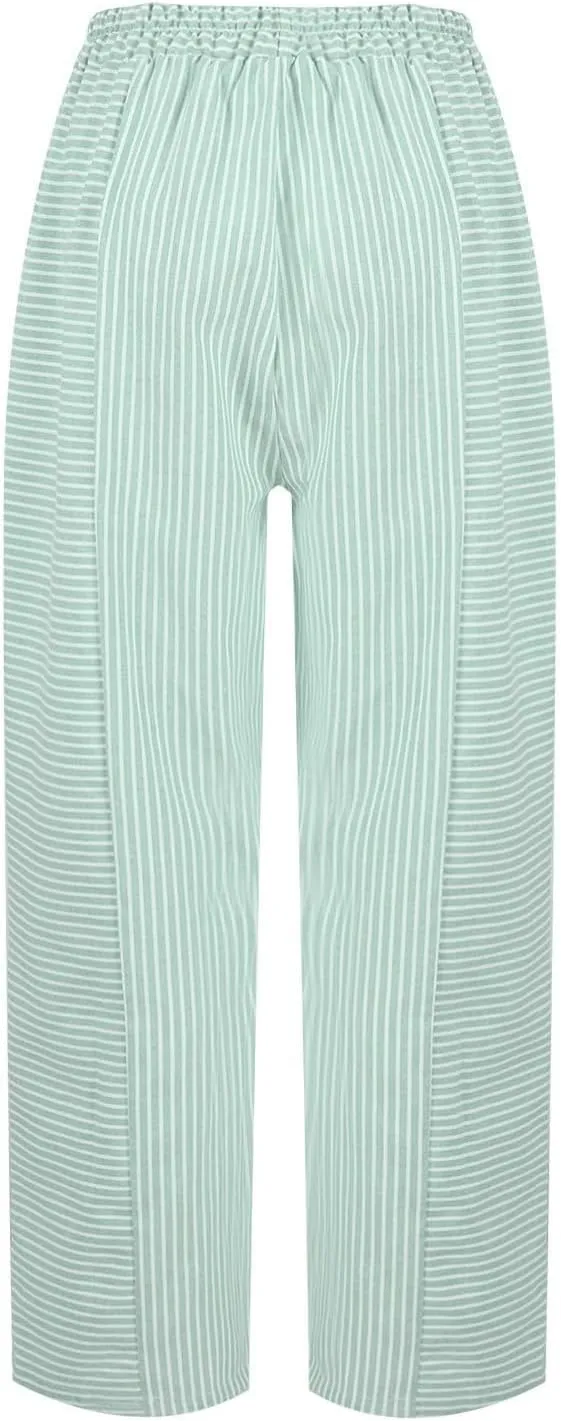 Linen Pants for Women Solid Cropped Side Elastic Waist Capris Straight Leg Summer Beach Casual Trousers with Pockets