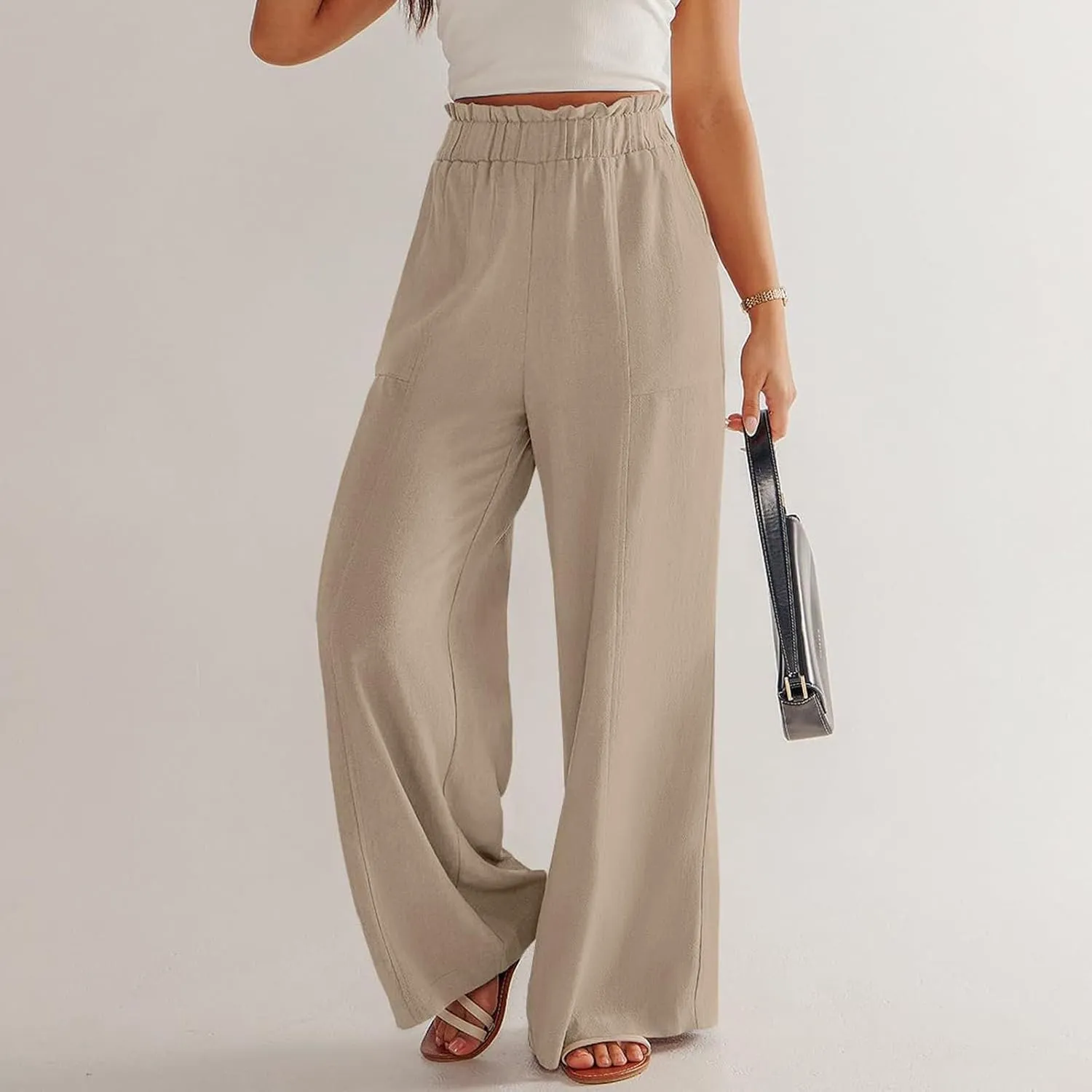 Linen Pants for Women Trendy Casual Ruffle High Waist Wide Leg Beach Palazzo Pants Trousers with Pockets Slacks
