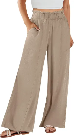 Linen Pants for Women Trendy Casual Ruffle High Waist Wide Leg Beach Palazzo Pants Trousers with Pockets Slacks