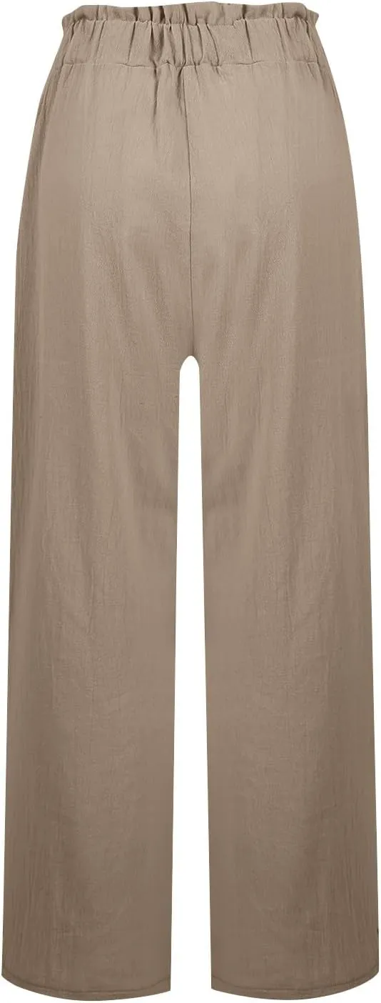 Linen Pants for Women Trendy Casual Ruffle High Waist Wide Leg Beach Palazzo Pants Trousers with Pockets Slacks