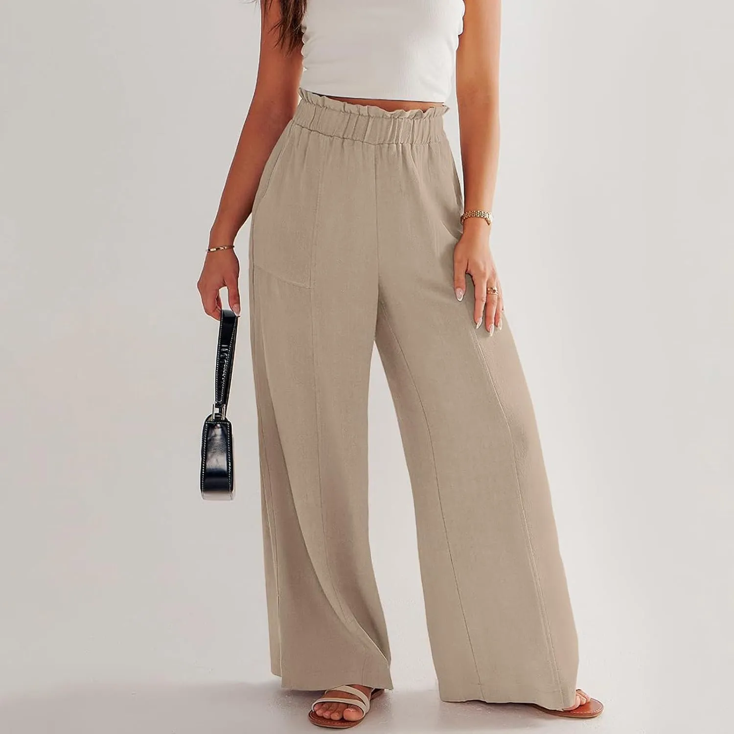 Linen Pants for Women Trendy Casual Ruffle High Waist Wide Leg Beach Palazzo Pants Trousers with Pockets Slacks