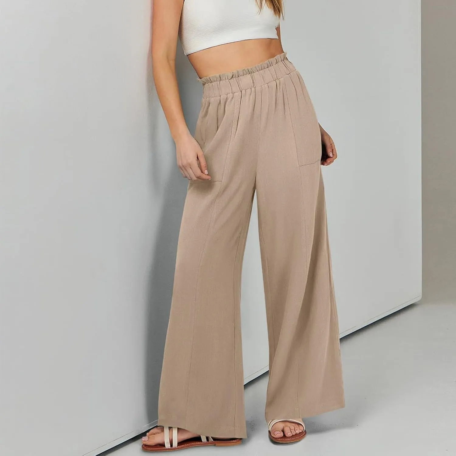Linen Pants for Women Trendy Casual Ruffle High Waist Wide Leg Beach Palazzo Pants Trousers with Pockets Slacks