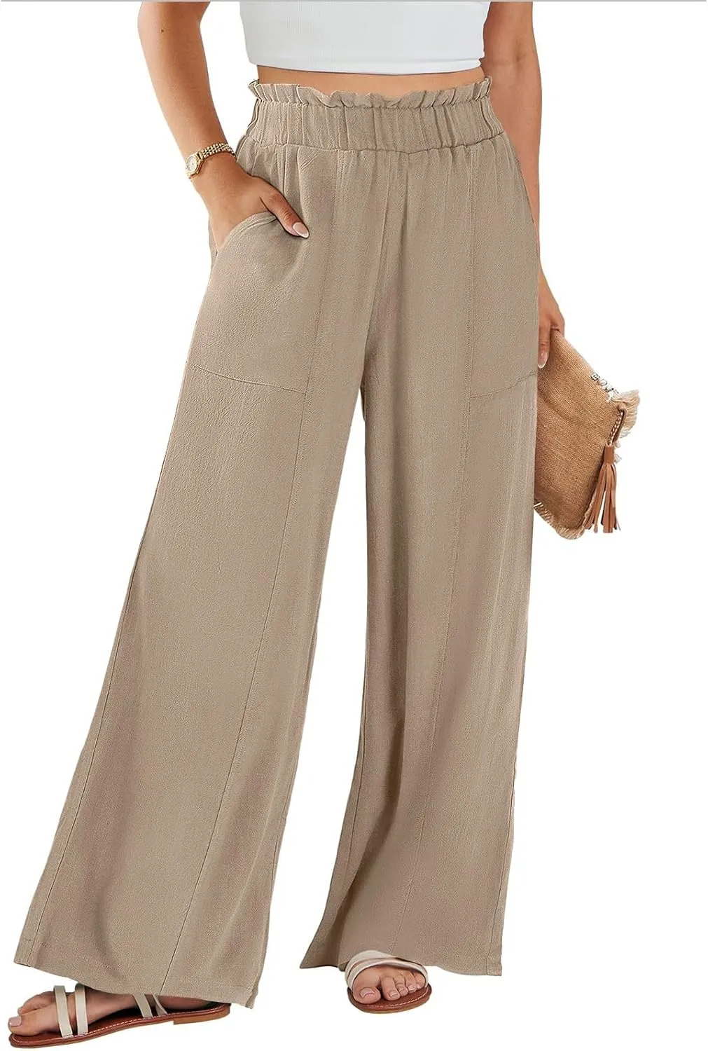 Linen Pants for Women Trendy Casual Ruffle High Waist Wide Leg Beach Palazzo Pants Trousers with Pockets Slacks