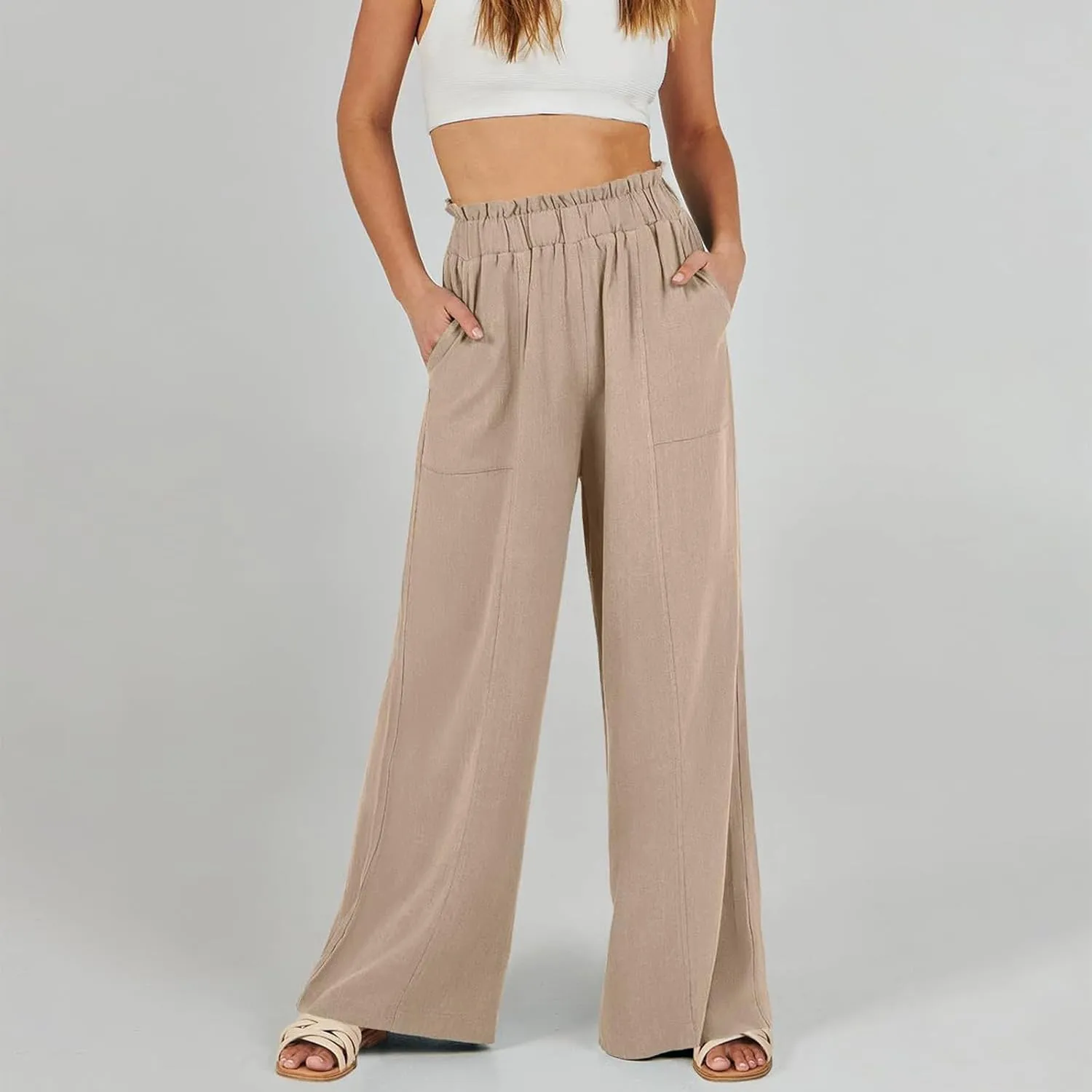 Linen Pants for Women Trendy Casual Ruffle High Waist Wide Leg Beach Palazzo Pants Trousers with Pockets Slacks