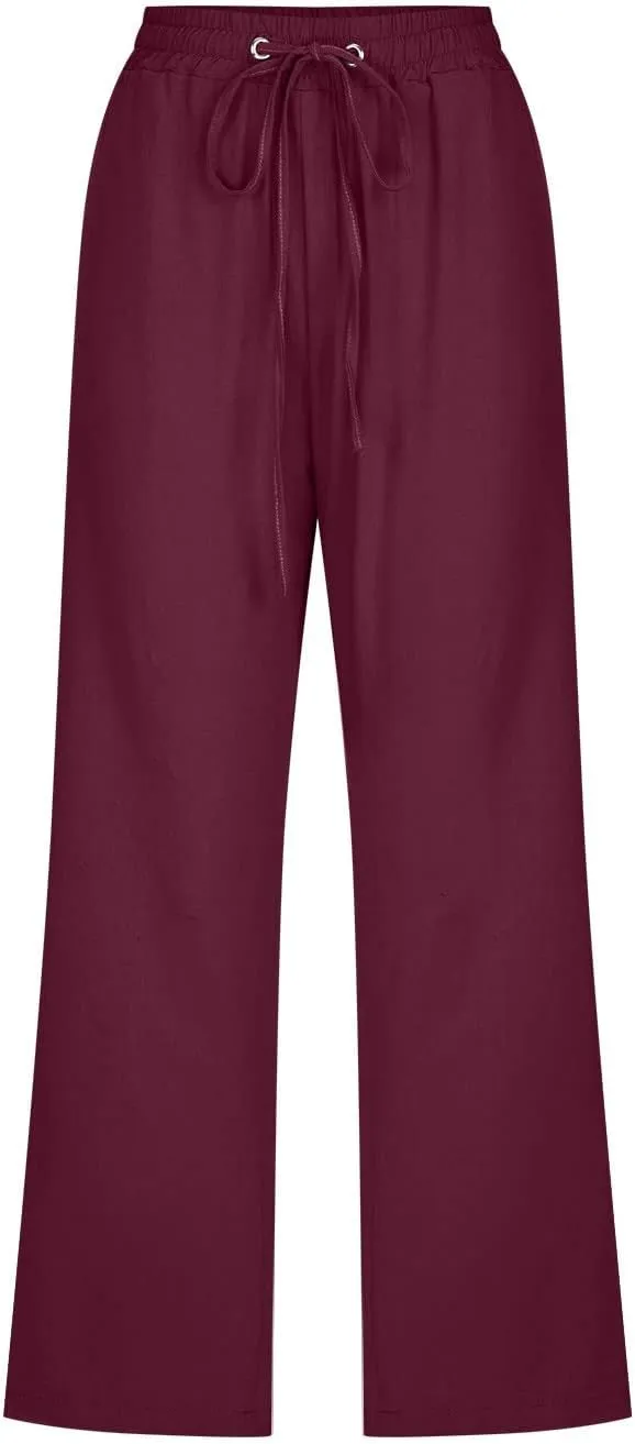 Linen Pants Women 3/4 Length White Linen Pants Women Summer Pants 2024 Wide Leg Pants Woman Elastic Drastring Trousers