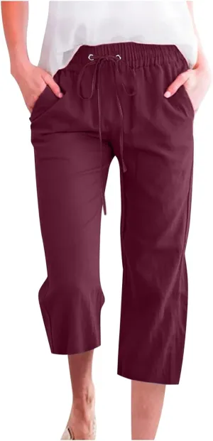 Linen Pants Women 3/4 Length White Linen Pants Women Summer Pants 2024 Wide Leg Pants Woman Elastic Drastring Trousers