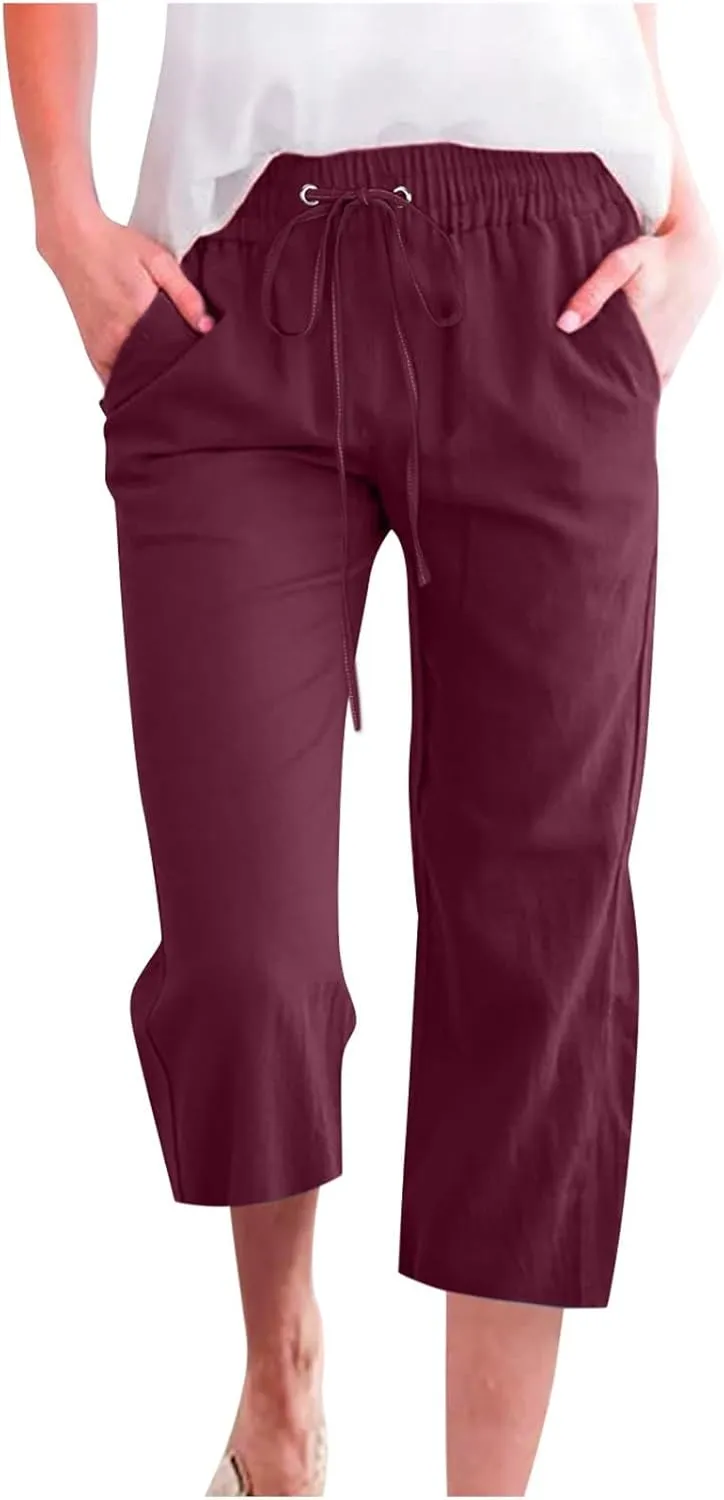 Linen Pants Women 3/4 Length White Linen Pants Women Summer Pants 2024 Wide Leg Pants Woman Elastic Drastring Trousers