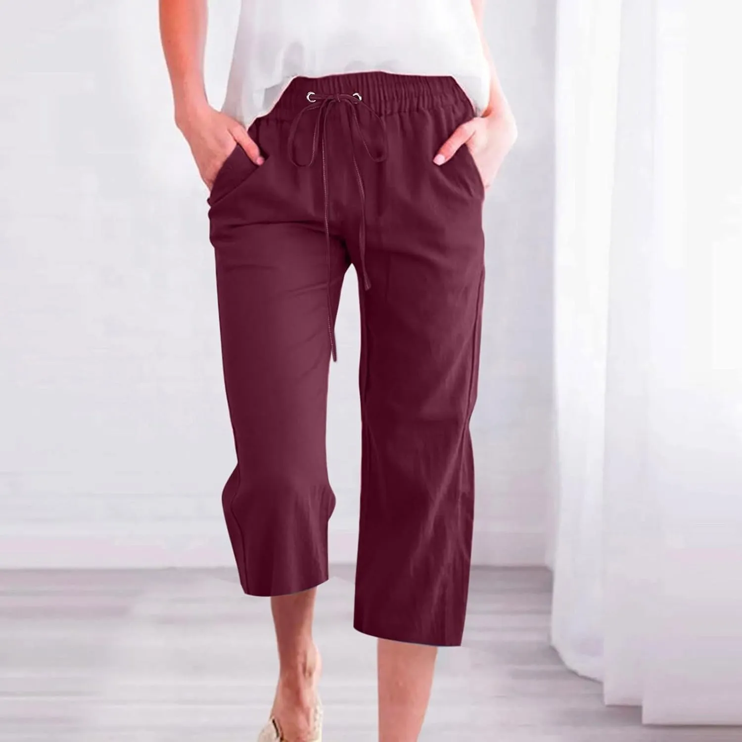 Linen Pants Women 3/4 Length White Linen Pants Women Summer Pants 2024 Wide Leg Pants Woman Elastic Drastring Trousers