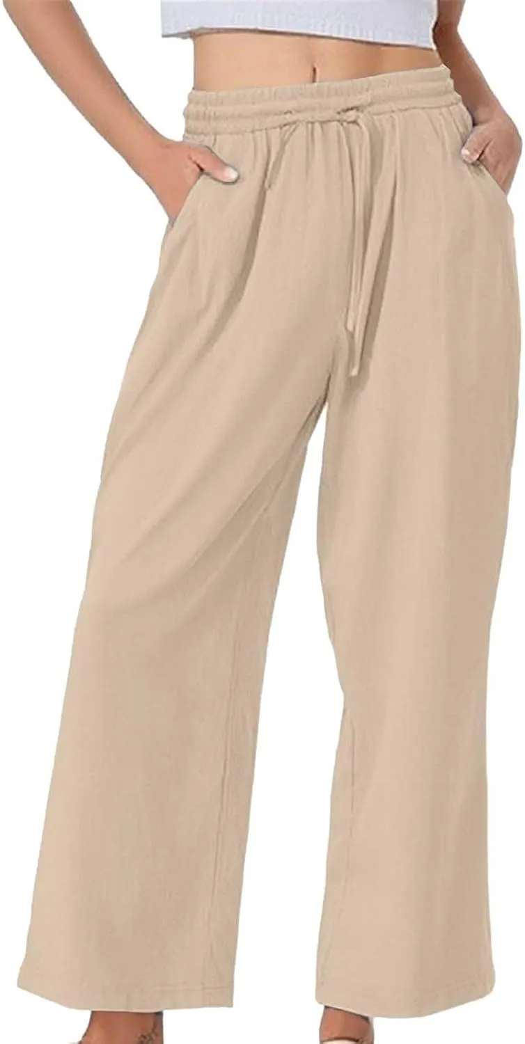 Linen Pants Women Lightweight Capri Pants Cotton Elastic Waist Trousers Casual Loose Summer Lounge Long Trousers