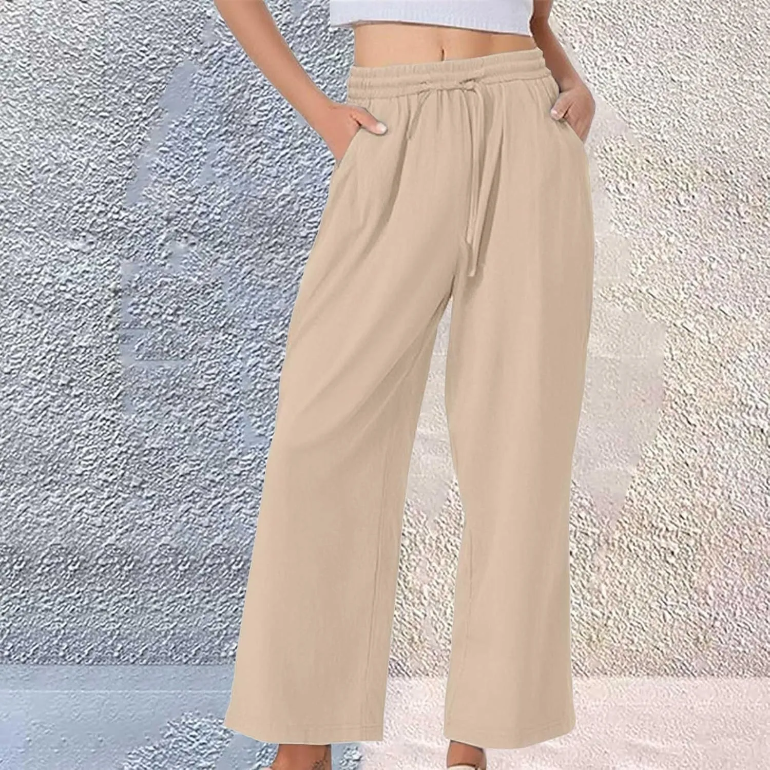 Linen Pants Women Lightweight Capri Pants Cotton Elastic Waist Trousers Casual Loose Summer Lounge Long Trousers