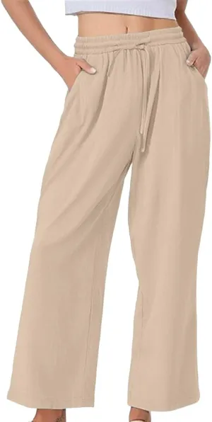 Linen Pants Women Lightweight Capri Pants Cotton Elastic Waist Trousers Casual Loose Summer Lounge Long Trousers