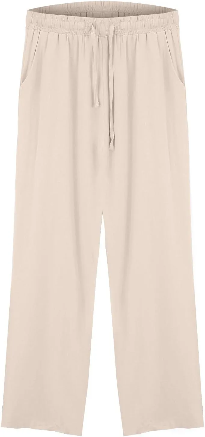 Linen Pants Women Lightweight Capri Pants Cotton Elastic Waist Trousers Casual Loose Summer Lounge Long Trousers